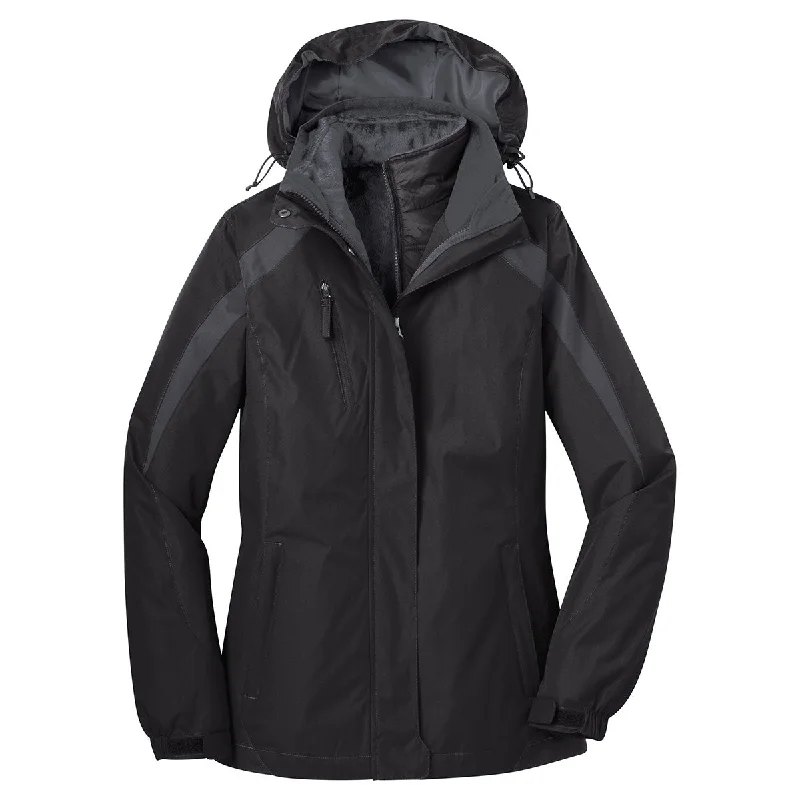 Port Authority Women's Black/Black/Magnet Grey Colorblock 3-in-1 Jacket Fleece Fabric Down Fabric Feather Fabric