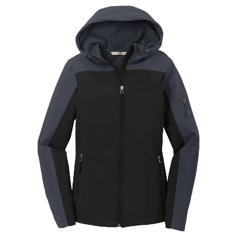 Port Authority Women's Black/Battleship Grey Hooded Core Soft Shell Jacket Print Jacket Jacquard Jacket Embroidered Jacket