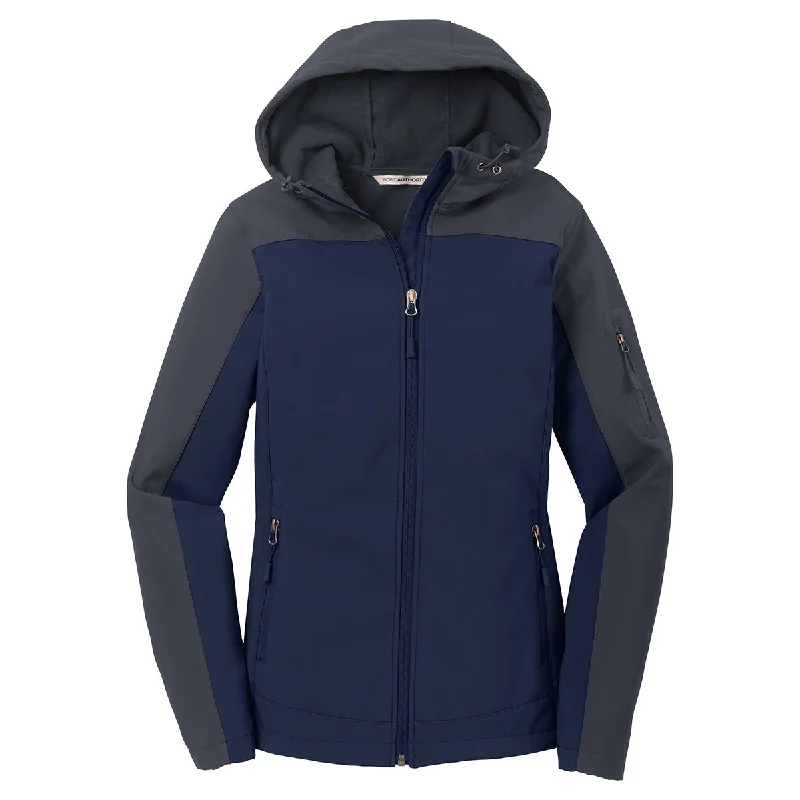 Port Authority Women's Dress Blue Navy/Battleship Grey Hooded Core Soft Shell Jacket Zippered Front Buttoned Front Snap Front