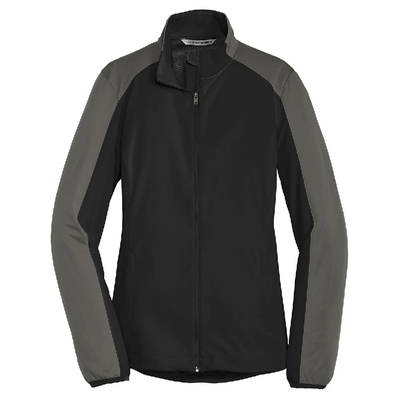 Port Authority Women's Deep Black/Grey Steel Active Colorblock Soft Shell Jacket Notch Collar Jacket Peter Pan Collar Jacket Cowl Neck Jacket