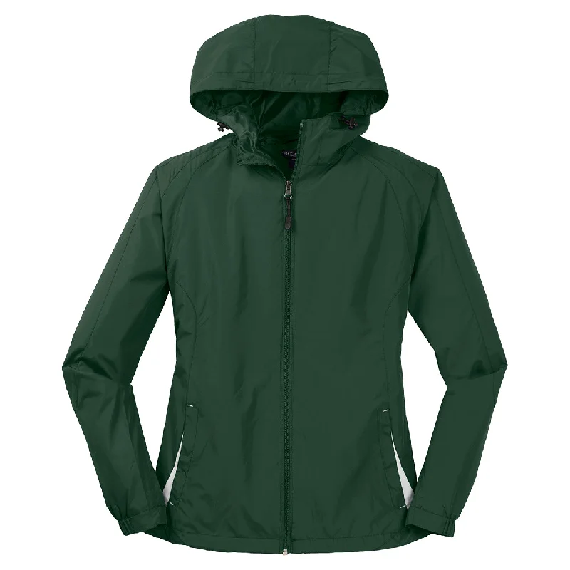 Sport-Tek Women's Forest Green/White Colorblock Hooded Raglan Jacket Anorak Shell Jacket Lightweight Jacket