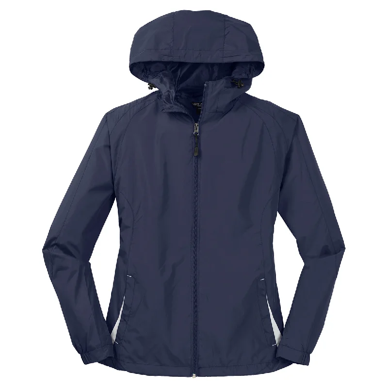 Sport-Tek Women's True Navy/White Colorblock Hooded Raglan Jacket Faux Fur Jacket Real Fur Jacket Shearling Jacket