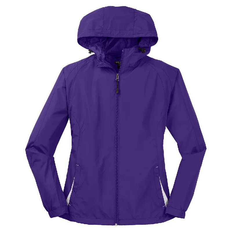 Sport-Tek Women's Purple/White Colorblock Hooded Raglan Jacket Lace Jacket Ribbed Jacket Sequined Jacket