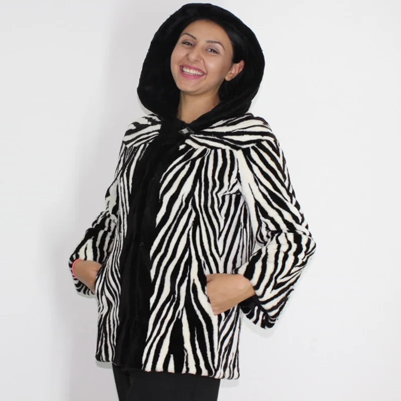 MI Black and white shaved mink pieces jacket with hood Satin Jacket Silk Jacket Chiffon Jacket