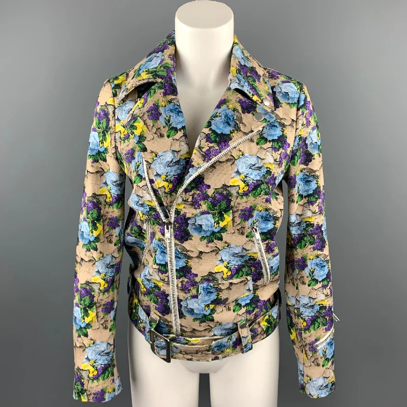 MSGM Size 4 Khaki & Purple Floral Cotton Biker Jacket Jersey Jacket Tulle Jacket Batik Jacket