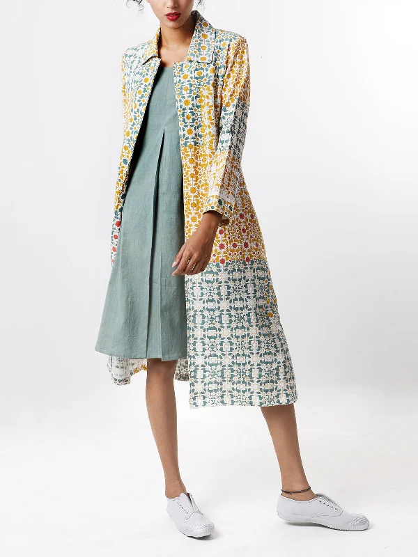 Naksha Hand Block Printed Jacket Yellow Trench Coat Raincoat Waterproof Jacket