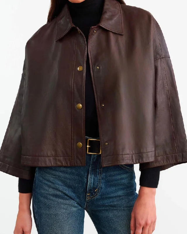 Nili Lotan - Ines Leather Jacket in Dark Brown Fleece Jacket Down Jacket Parka