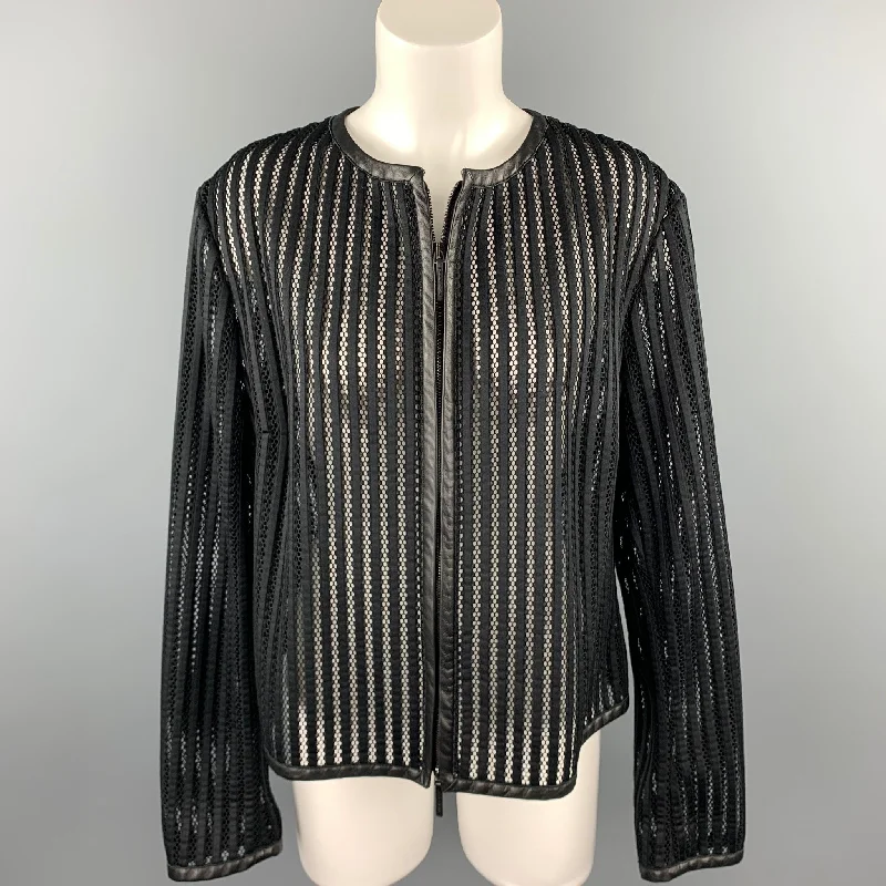 RALPH LAUREN Black Label Size 4 Black Mesh Polyester Leather Trim Jacket Striped Jacket Polka Dot Jacket Floral Jacket