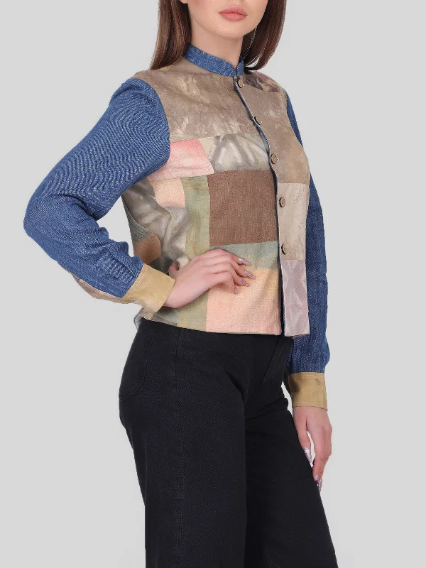Recycled Patchwork Denim Jacket Multicolor Ribbed Jacket Pleated Jacket Ruffled Jacket