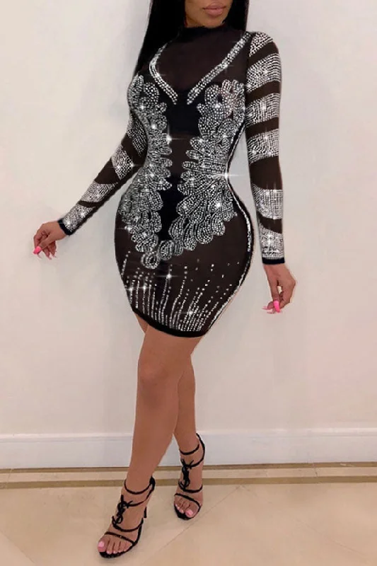 Rhinestone Party See-Through Mini Dress Elegant Floral-Print Mini Dress