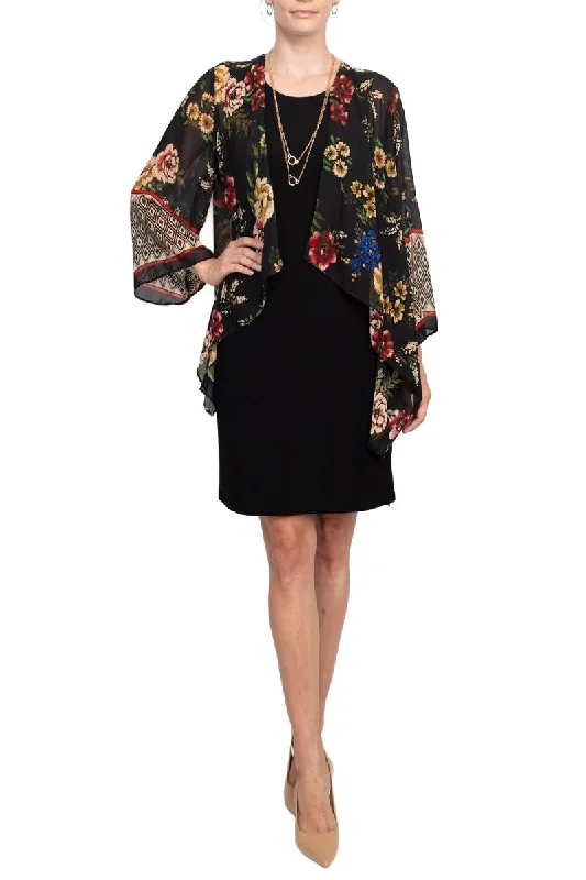Sandra Darren crew neck sleeveless chain detail solid matte jersey dress with attached multi print chiffon jacket Tailored Jacket Straight Jacket A-Line Jacket