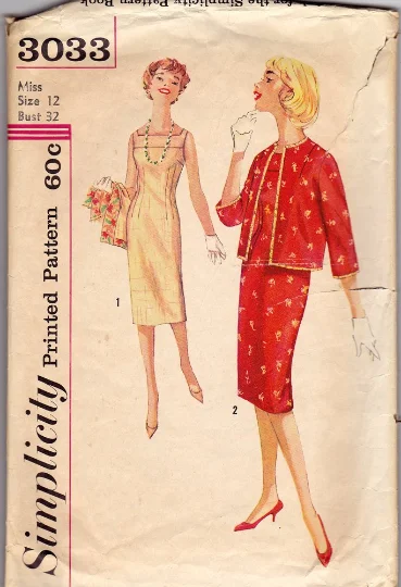 Simplicity 3033 - 1950s Dress & Jacket Vintage Sewing Pattern - 32" Bust Fleece Fabric Down Fabric Feather Fabric Simplicity 3033 - 1950s Dress & Jacket Vintage Sewing Pattern - 32" Bust Fleece Fabric Down Fabric Feather Fabric