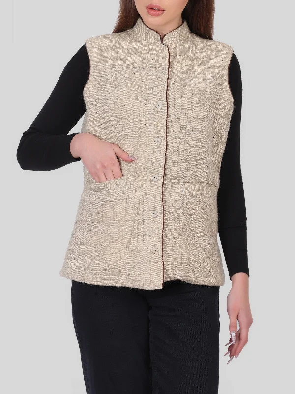 Sleeveless Jacket In Gaddi Wool Beige One-Shoulder Jacket Off-the-Shoulder Jacket Asymmetrical Jacket