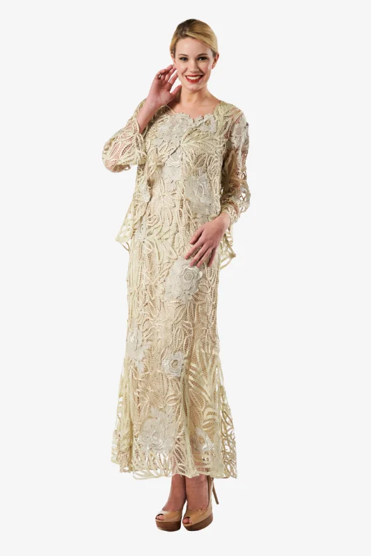 Soulmates D1106 Rose Embroidered Lace Evening Mother Of Bride Dress with Jacket Set Fitted Jacket Loose Jacket Oversized Jacket