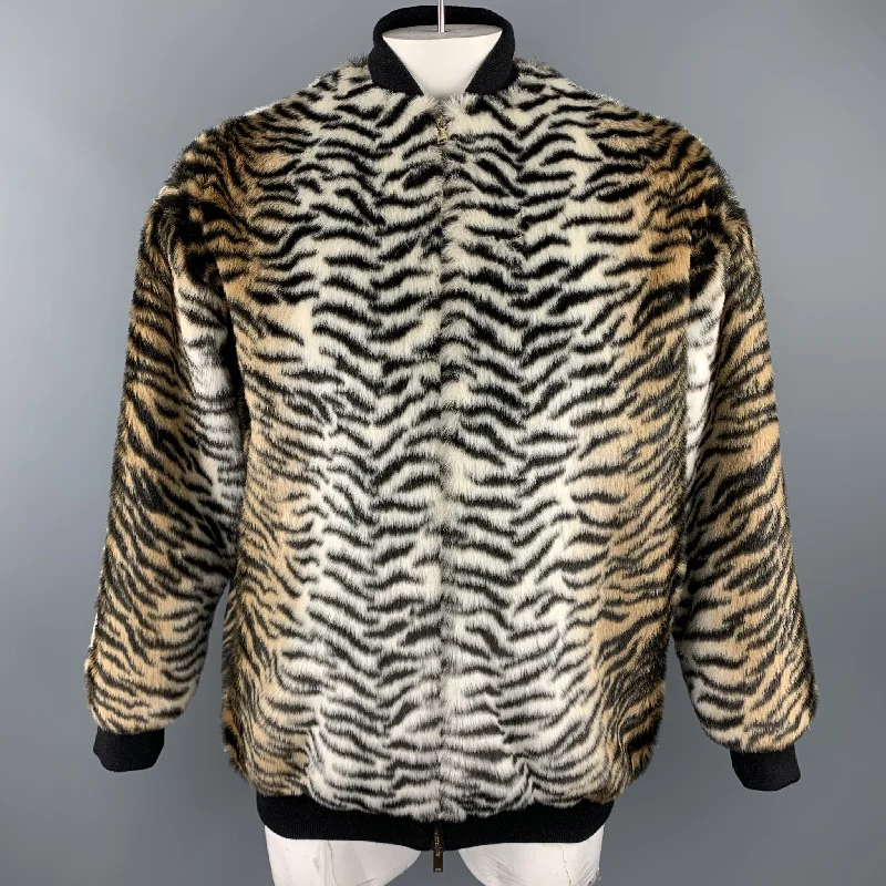 STELLA McCARTNEY Size S Black & Tan Tiger Faux Fur Jacket Snapped Jacket Toggled Jacket Drawstring Jacket
