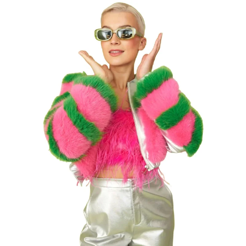 Striped Pink Faux Fur Cropped Jacket Hoodie Zip-Up Jacket Button-Up Jacket