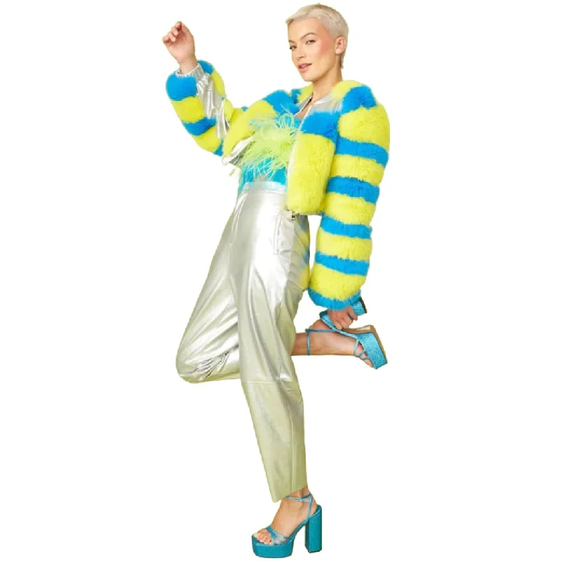 Striped Yellow Faux Fur Cropped Jacket Chenille Fabric Brocade Fabric Lace Fabric