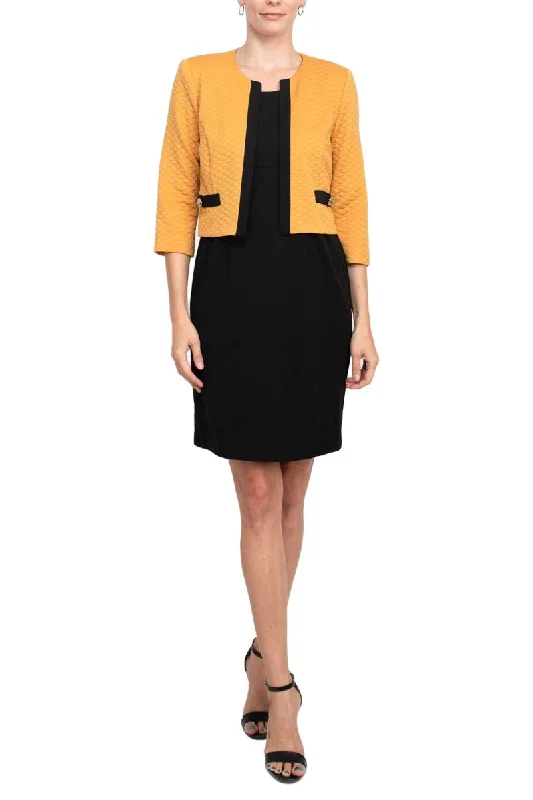 Studio One scoop neck sleeveless bodycon zipper back solid stretch crepe dress with ¾ open front quilted jacket Oversized Jacket Tailored Jacket Straight Jacket