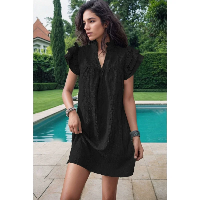 Textured Notched Neck Flutter Sleeve Mini Dress Stylish Spaghetti Strap Mini Dress
