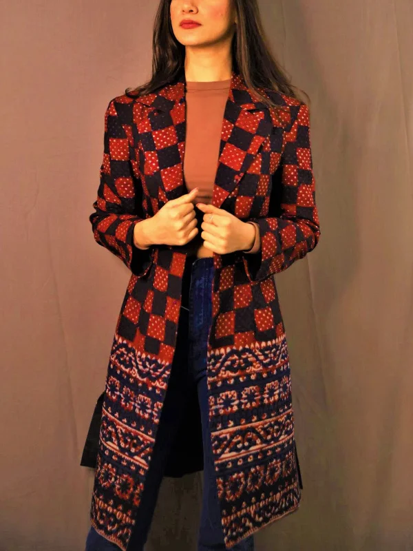 Tribal Block Print Long Jacket Red Plaid Jacket Tartan Jacket Houndstooth Jacket