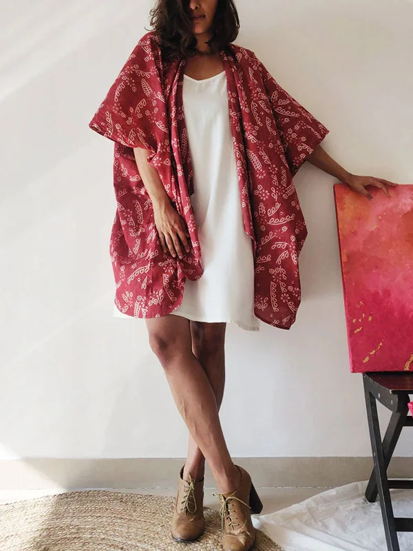 Tropical Summer Plum Kimono Jacket Maroon A-Line Jacket Boat Neck Shawl Collar