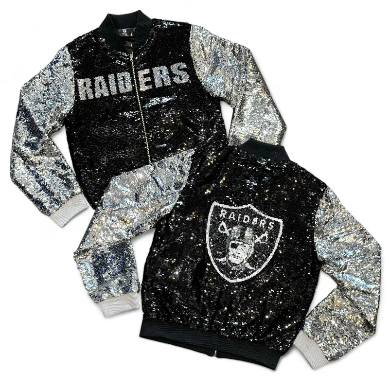 Las Vegas Raiders Women's Sequin Zip-Up Jacket Welt Pockets Slit Pockets Flap Pockets