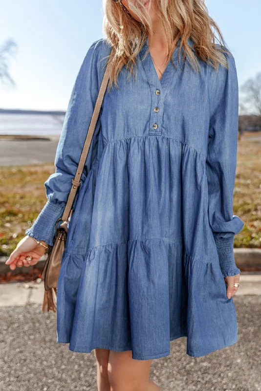 Vivian Buttoned Tiered Denim Mini Dress Stylish Puff Sleeve Mini Dress