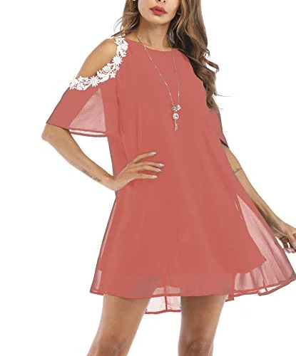 Women Summer Casual Dress Plus Size Cold Shoulder Mini Dress Loose Tunic Top Office Lady Work Blouse with Pockets Trendy Button-Detail Mini Dress