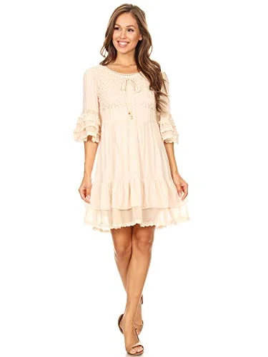 Womens Boho Peasant Floral Lace Ruffle Hem Bell Sleeve Mini Dress Elegant Mini Dress with Pleats