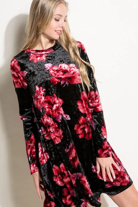 Floral Print Velvet Swing Mini Dress Comfortable Smocked Mini Dress