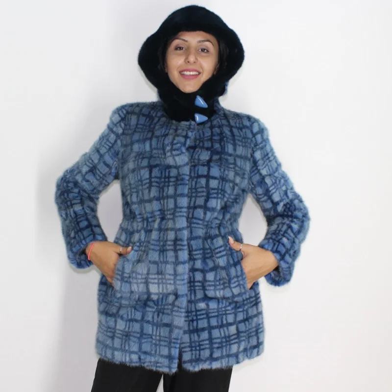 YIOTA Blue colored plaid mink big pieces jacket with hood Bomber Jacket Anorak Windbreaker