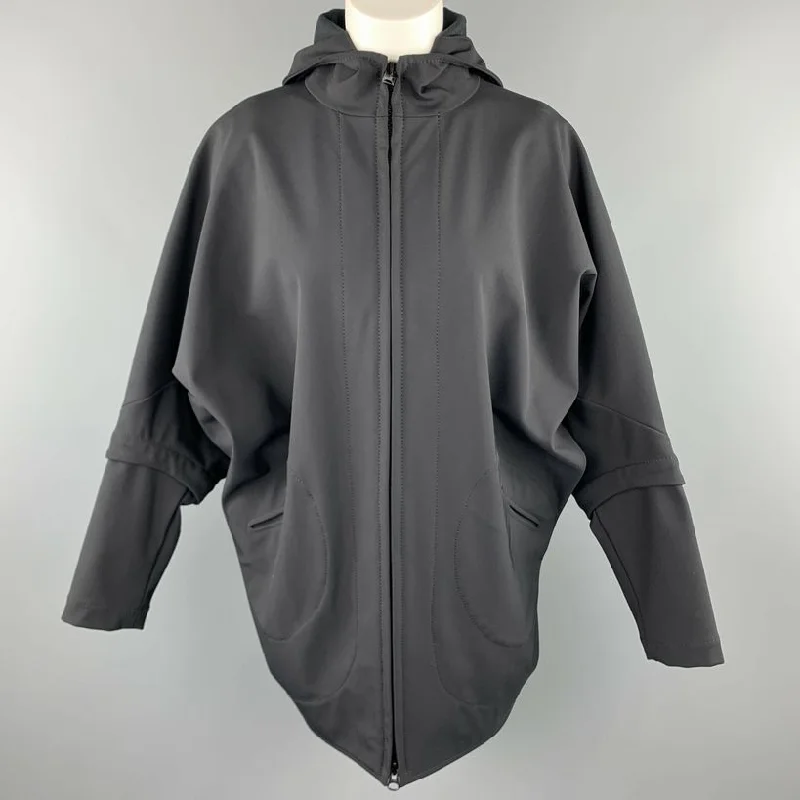 ZERO + MARIA CORNEJO Size 4 Black Nylon Blend Batwing Hooded Jacket Stand-Up Collar Roll-Neck Collar Turtle Neck ZERO + MARIA CORNEJO Size 4 Black Nylon Blend Batwing Hooded Jacket Stand-Up Collar Roll-Neck Collar Turtle Neck