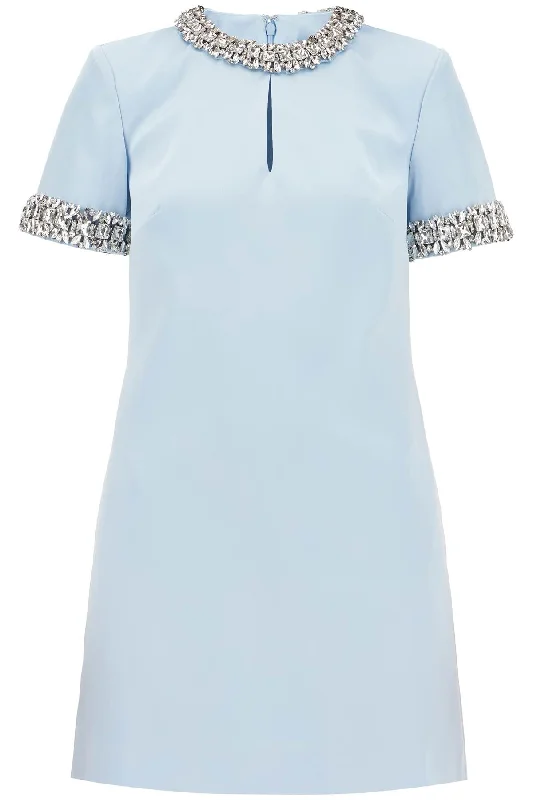 Satin Mini Dress With Crystals  - Light Blue Cozy Satin Mini Dress