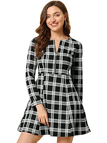 Allegra K Women's Vintage Plaid Long Sleeve Zip Up Fit and Flare Mini Dress Cozy Sweater Mini Dress