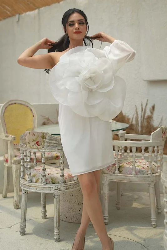 White One-shoulder Grand Floral Mini Dress Stylish Floral Print Mini Dress