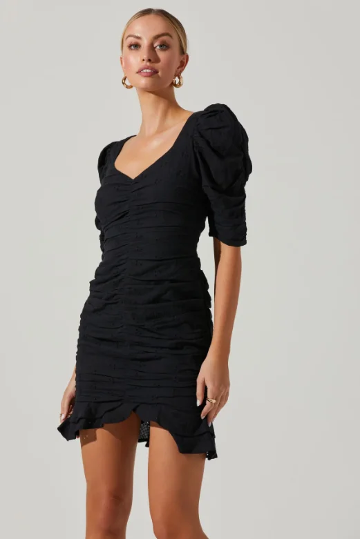 Black Eyelet Ruched Puff Sleeve Loiza Mini Dress Fashionable A-Line Mini Dress