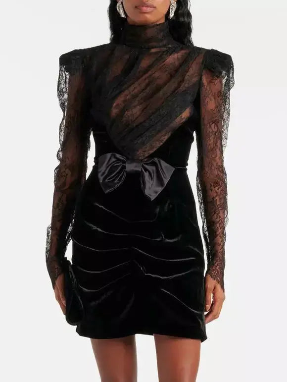 Black Lace and Velvet Ruched Mini Dress with Bow Comfortable Fit-and-Flare Mini Dress