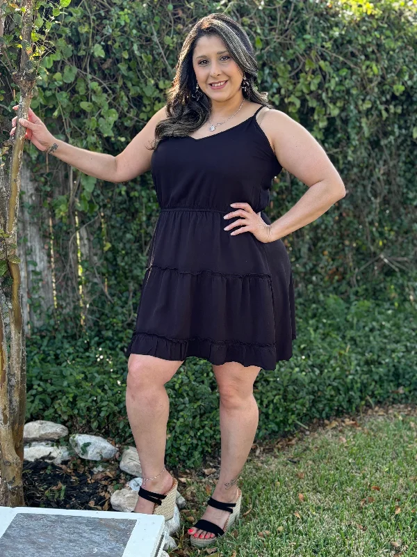 Black Tiered Mini Dress Cozy Satin Mini Dress