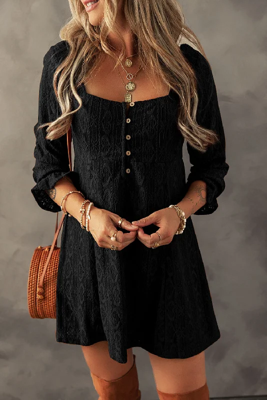 Blue Zone Planet |  Black Lace Crochet Buttoned Square Neck Shift Mini Dress Elegant Floral-Print Mini Dress