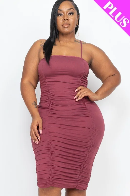 Plus Size Double Ruched Front And Ruched Back Detail Mini Dress Trendy Cut-Out Mini Dress