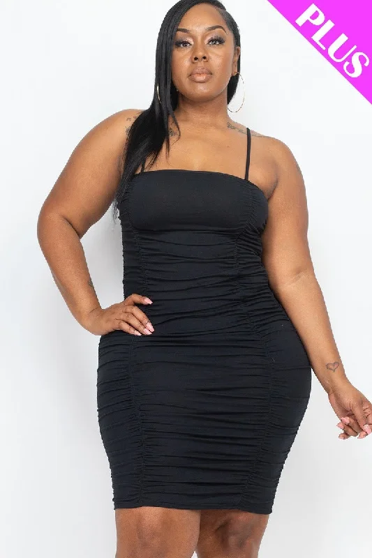 Plus Size Double Ruched Front And Ruched Back Detail Mini Dress Chic Tropical Mini Dress