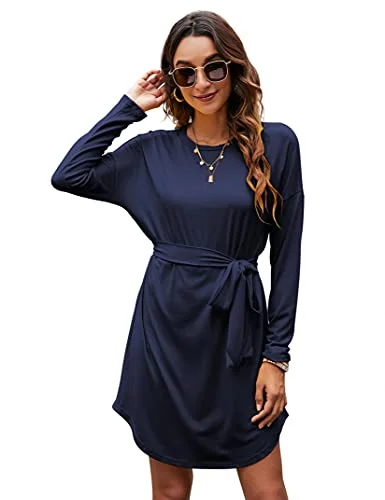 Clearlove Summer dress women's short sleeve tunic casual dress mini dress with belt (reusable packaging). Casual V-Neck Mini Dress