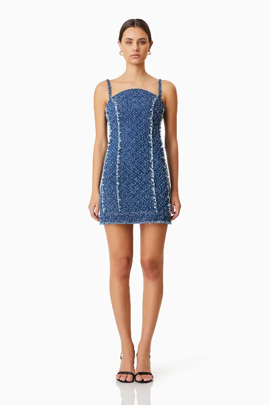 Cora Denim Mini Dress In Blue Elegant Satin Lace Mini Dress