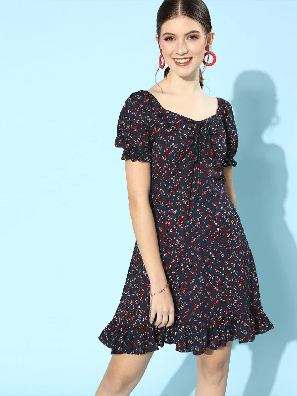 Berrylush Women Navy Blue & Red Floral Ruffled Hem A-Line Mini Dress Elegant Satin Mini Dress