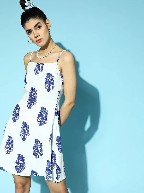 Berrylush Women White & Blue Paisley Printed Square Neck Sleeveless Cotton Fit & Flare Mini Dress Casual V-Neck Mini Dress