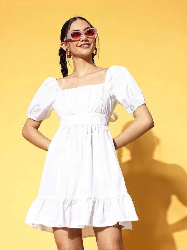 Berrylush Women Solid White Square Neck Tie-Up Back Cotton Flounce Hem Fit & Flare Mini Dress Elegant Mini Dress with Ruffles