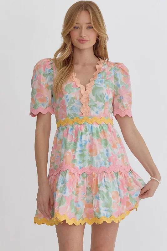Entro Floral Print v-neck Puff Sleeve mini dress Elegant Mini Dress with Ruffles