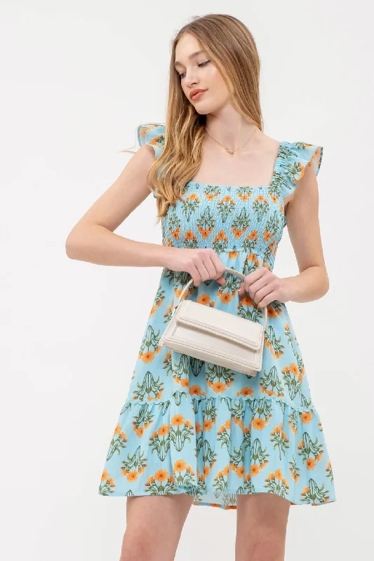 Floral Empire Waist Smocked Mini Dress Comfortable Casual Mini Dress