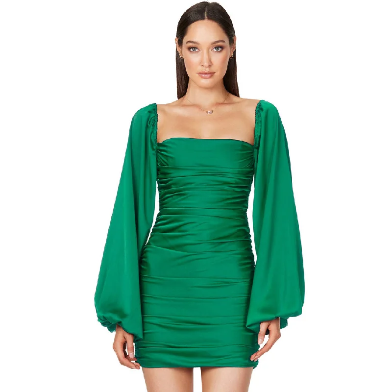 Glossy Satin Square Neck Bishop Sleeve Ruched Bodycon Mini Dress - Emerald Green Comfortable Linen Mini Dress