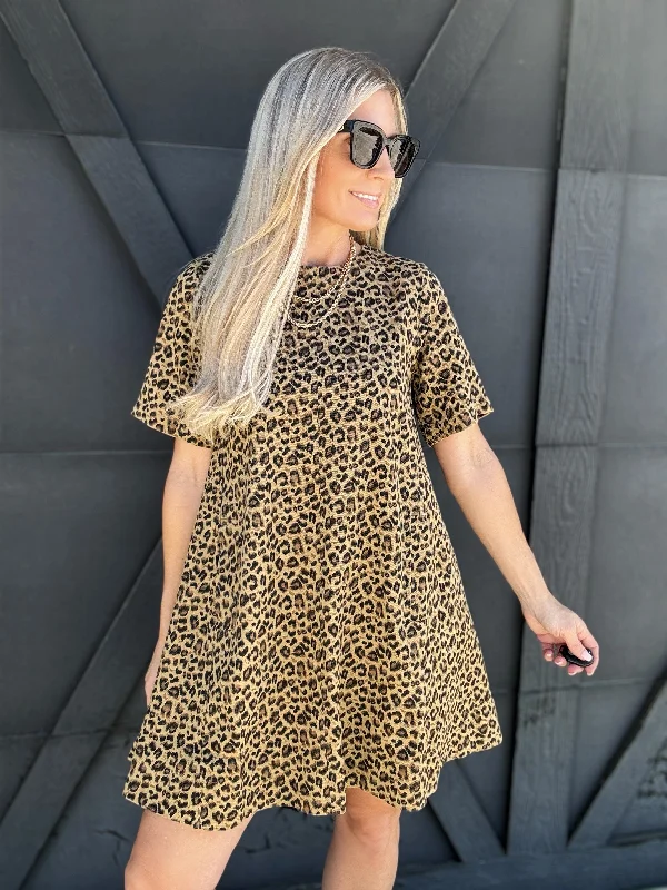 Leopard Print Oversized Mini Dress In Camel Comfortable Shift Mini Dress
